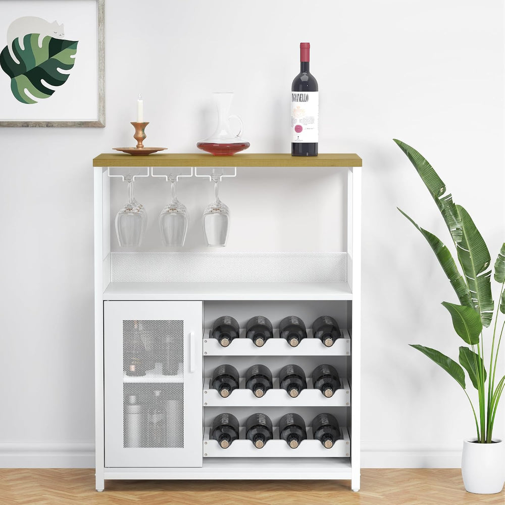 GAOMON Modern 36" White Wine Bar Cabinet with Mesh Door, Adjustable Glas...