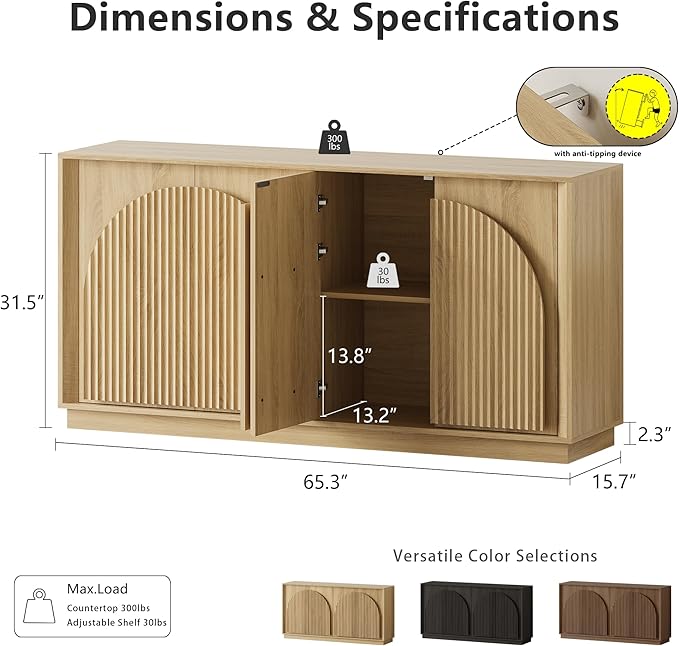 win2win Fluted Sideboard Buffet Cabinet with Storage, 65" Modern Accent ...