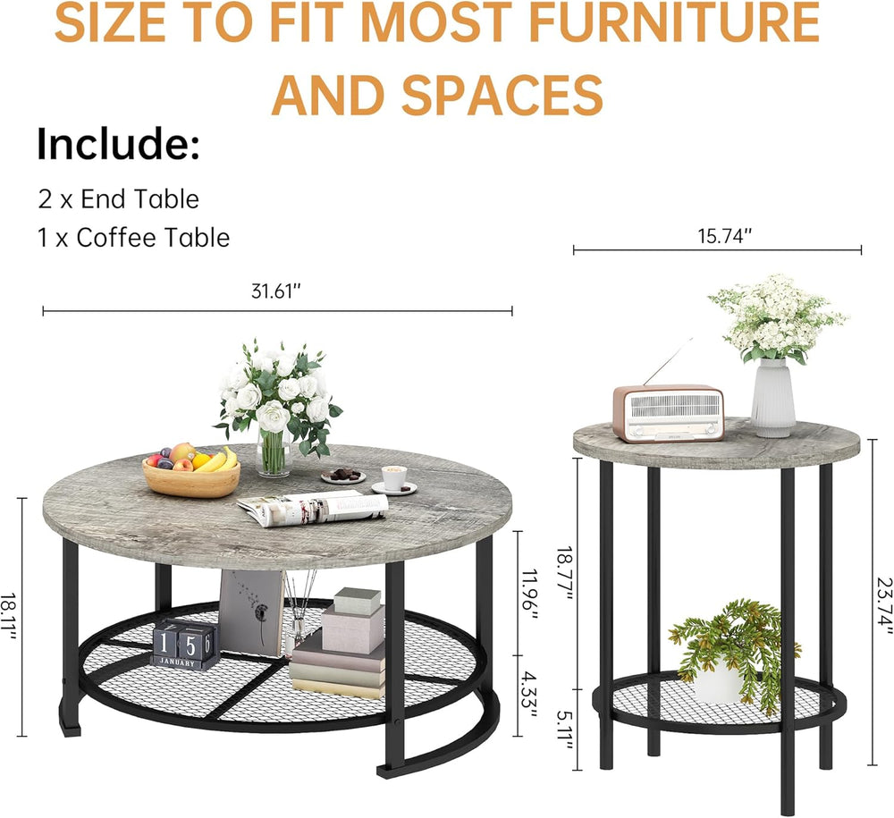 Recaceik Round Coffee Table and End Table Set of 3 with Storage, Modern Vinta...