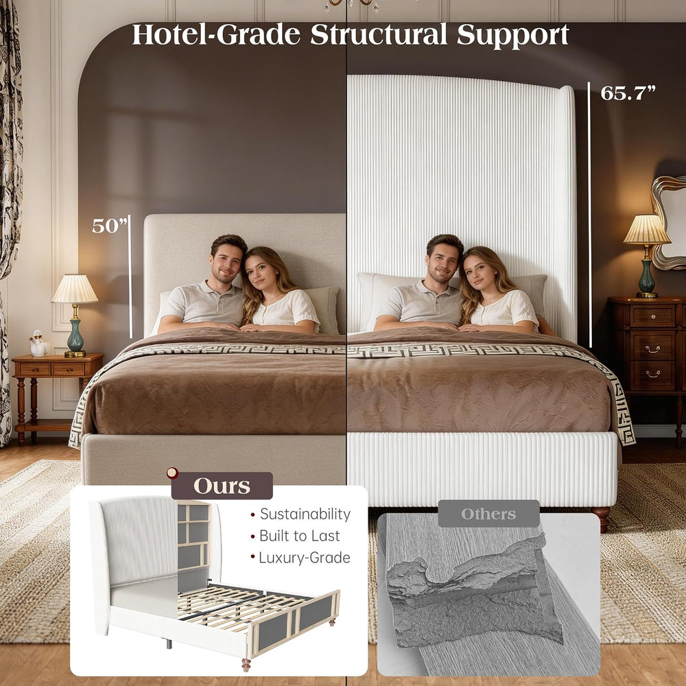 65.7" Tall Headboard Queen Size Upholstered Wingback Bed Frame, Cream