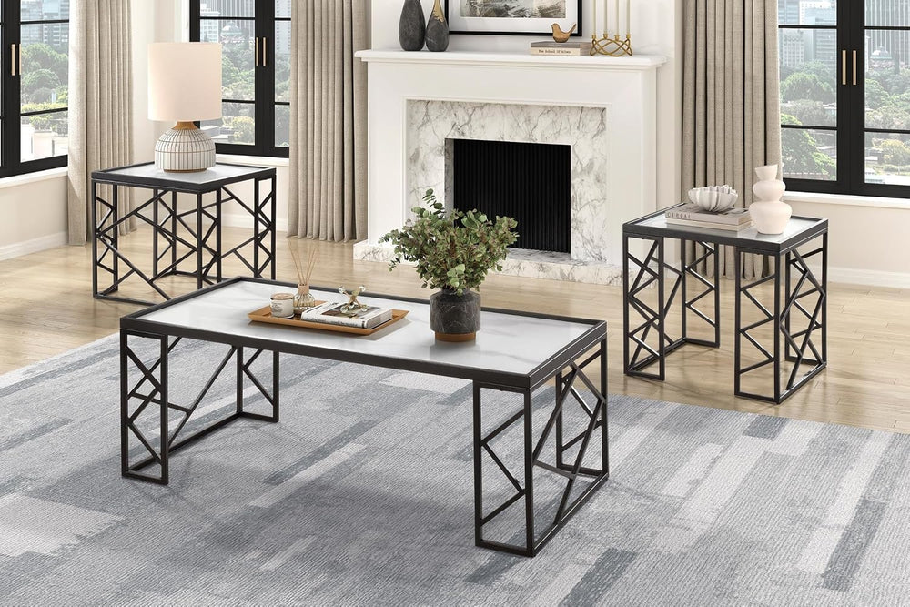 3pc Tables Set with Tempered Glass Top and Black Metal Frame | Includes 3-pie...