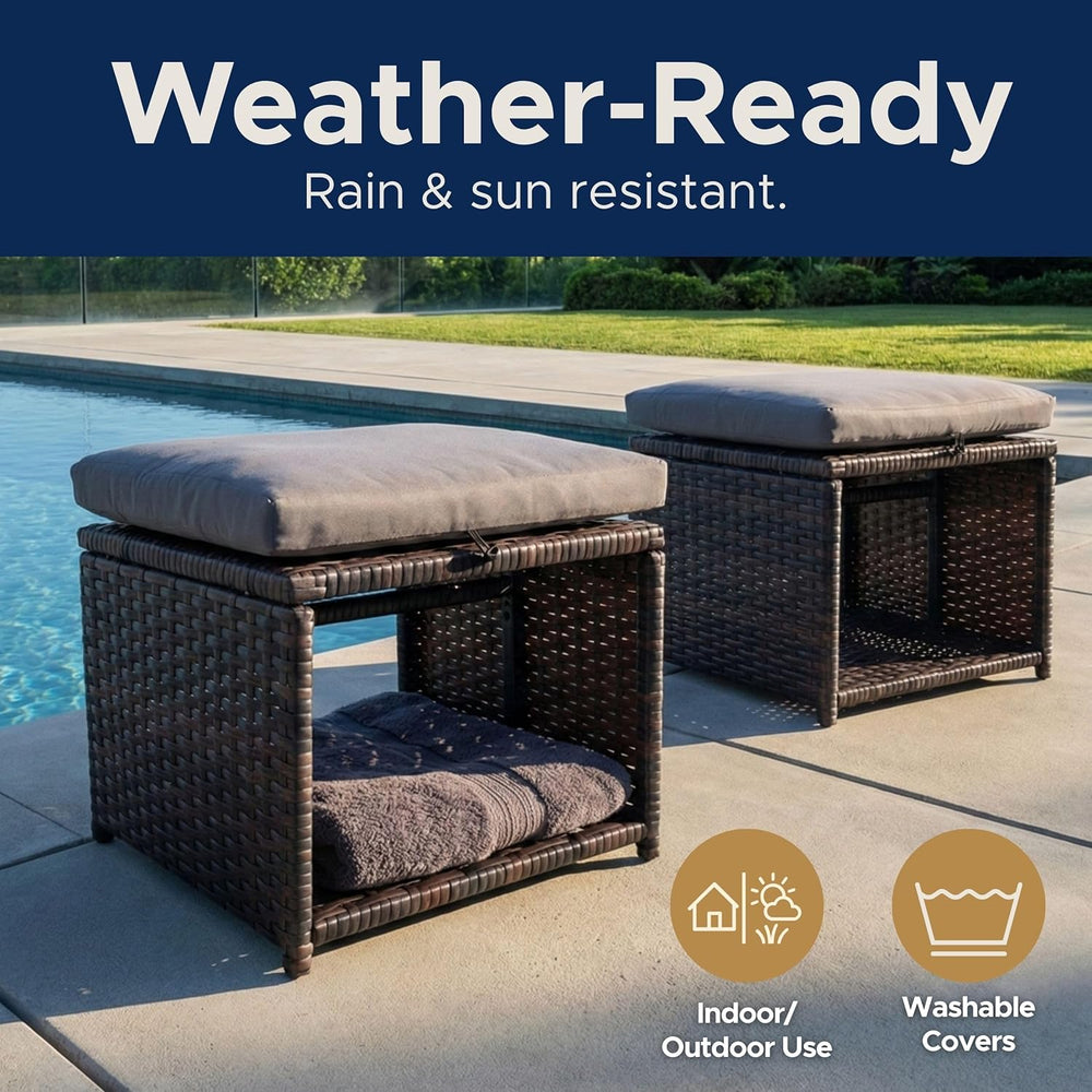 Outdoor Storage Ottoman (Set of 2) - All-Weather Wicker Patio Footstool with ...