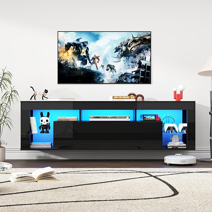 63" Floating High Gloss LED TV Stand for 75" TVs, Wall-Mounted Ente...