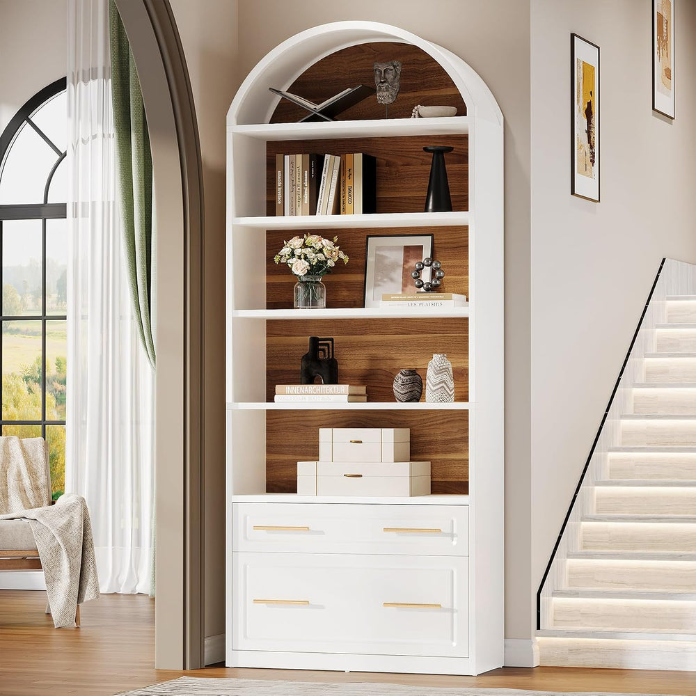 Tribesigns 76.8" Tall Arched 5-Tier Bookcase with File Cabinet Drawer