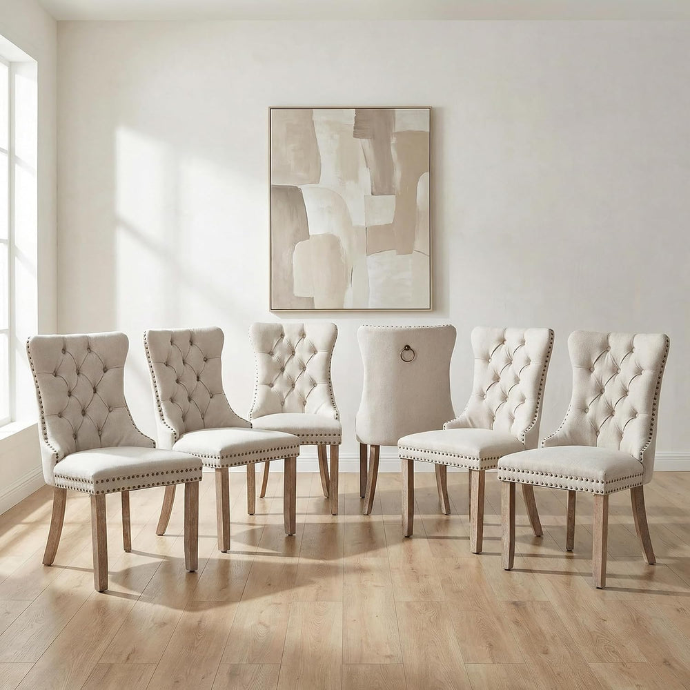 OVENTA Modern Tufted Upholstered Dining Chairs Set of 6, Beige Linen Dining R...