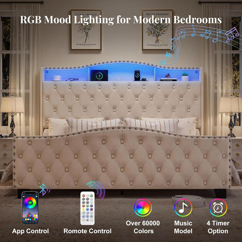 Belffin Platform Bed Frame with 50.9" LED Headboard, King Beige