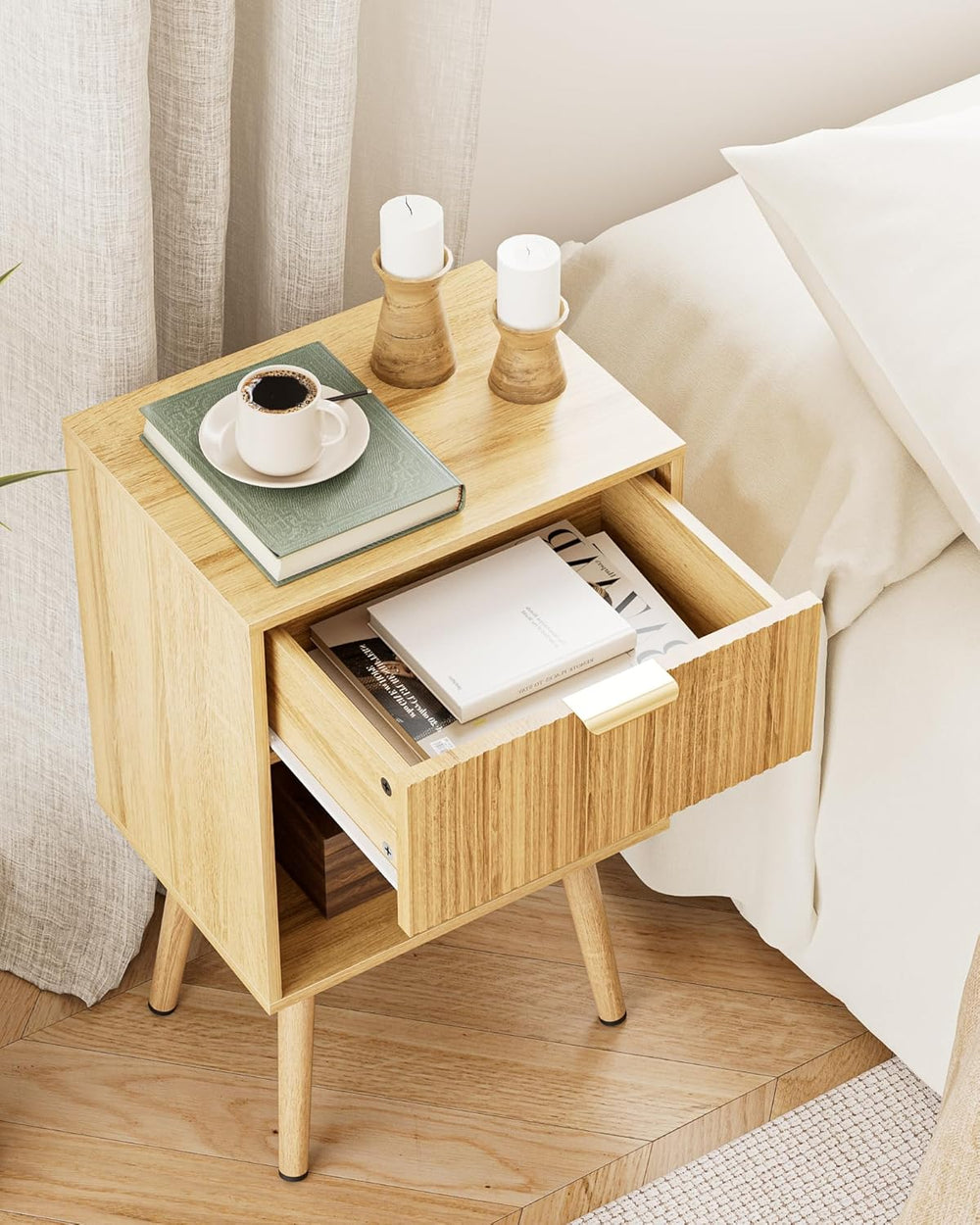 Oak Fluted Nightstand, Modern Bedside Table with Storage Drawer, Wood Night S...