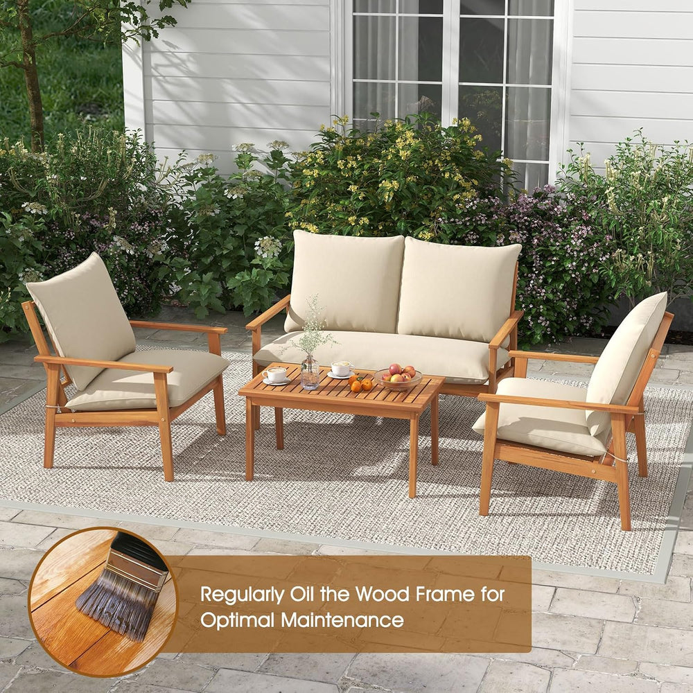 Tangkula 4 Pieces Patio Furniture Set, Outdoor Acacia Wood Conversation Set w...