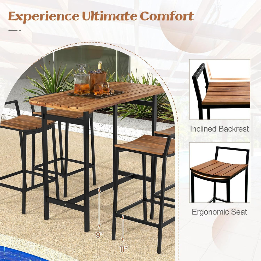 Tangkula 5 Piece Acacia Wood Bar Table Set, Outdoor Bar Height Table & Ch...