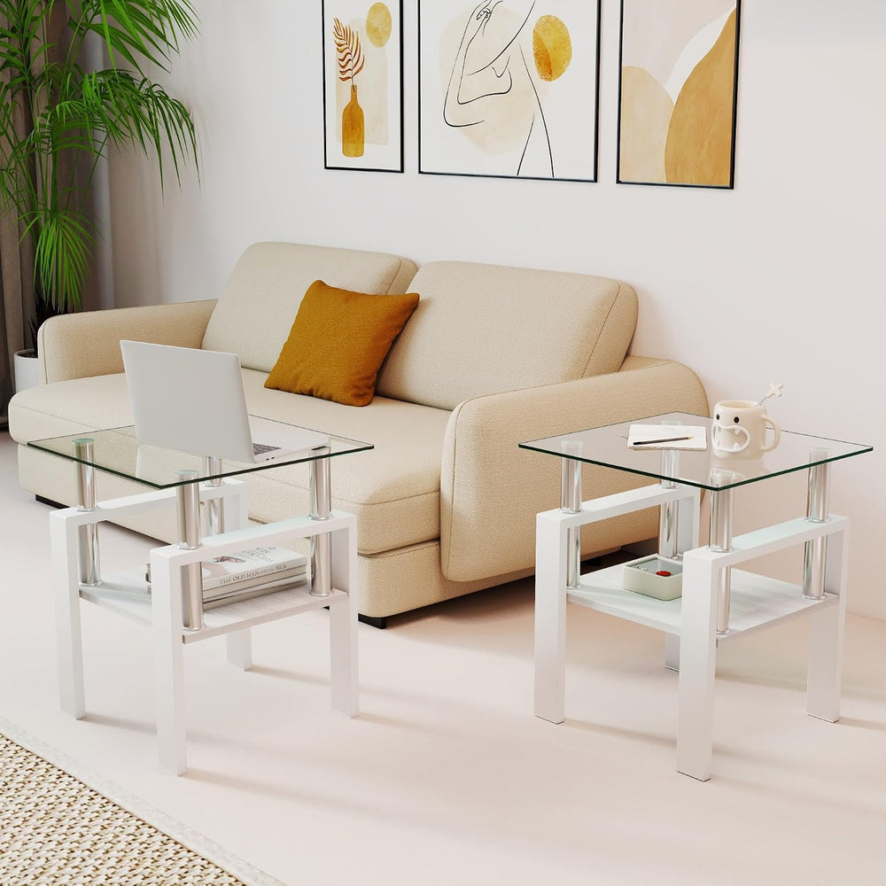 2-piece Set Modern Tempered Glass Side Table, Small Glass Top End Table, Squa...