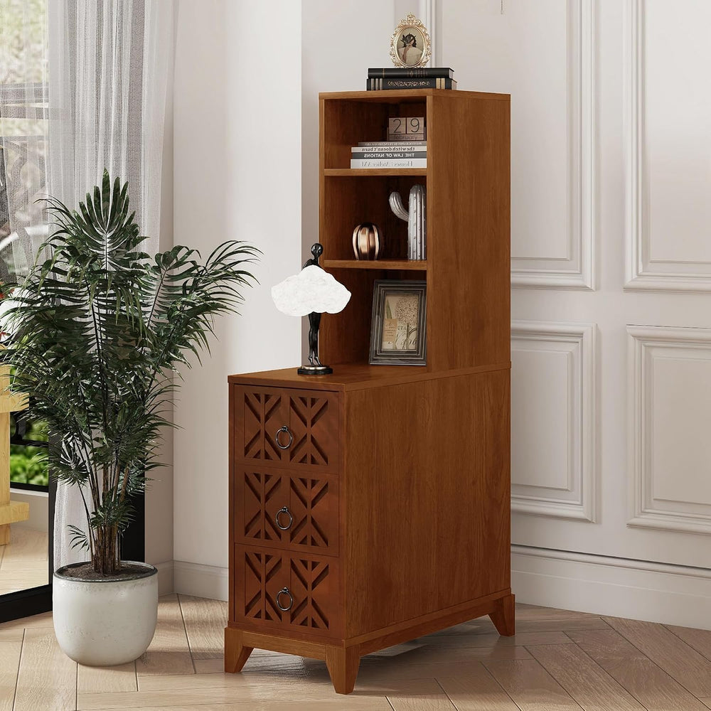 End Table with 3 Drawers and 2 Open Shelves, Walnut Finish Corner Table for B...