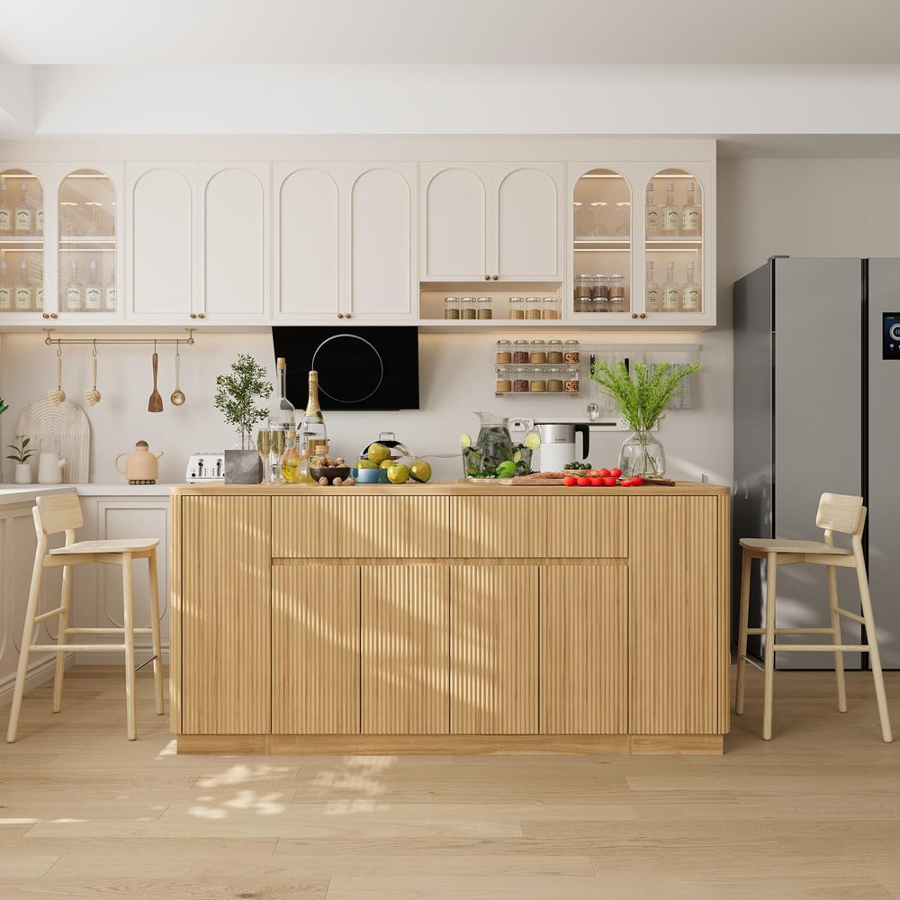 Mekminop 74.8" W Large Kitchen Island, Natural, Wavy Design | Storage, S...