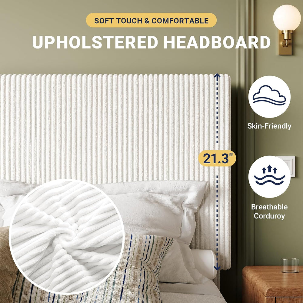 Allewie Queen Bed Frame, Adjustable Corduroy Headboard, Platform, White