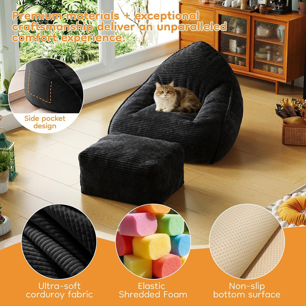 Cloud Large Bean Bag Chair with Ottoman, Corduroy Fabric+35D Memory Foam Big ...