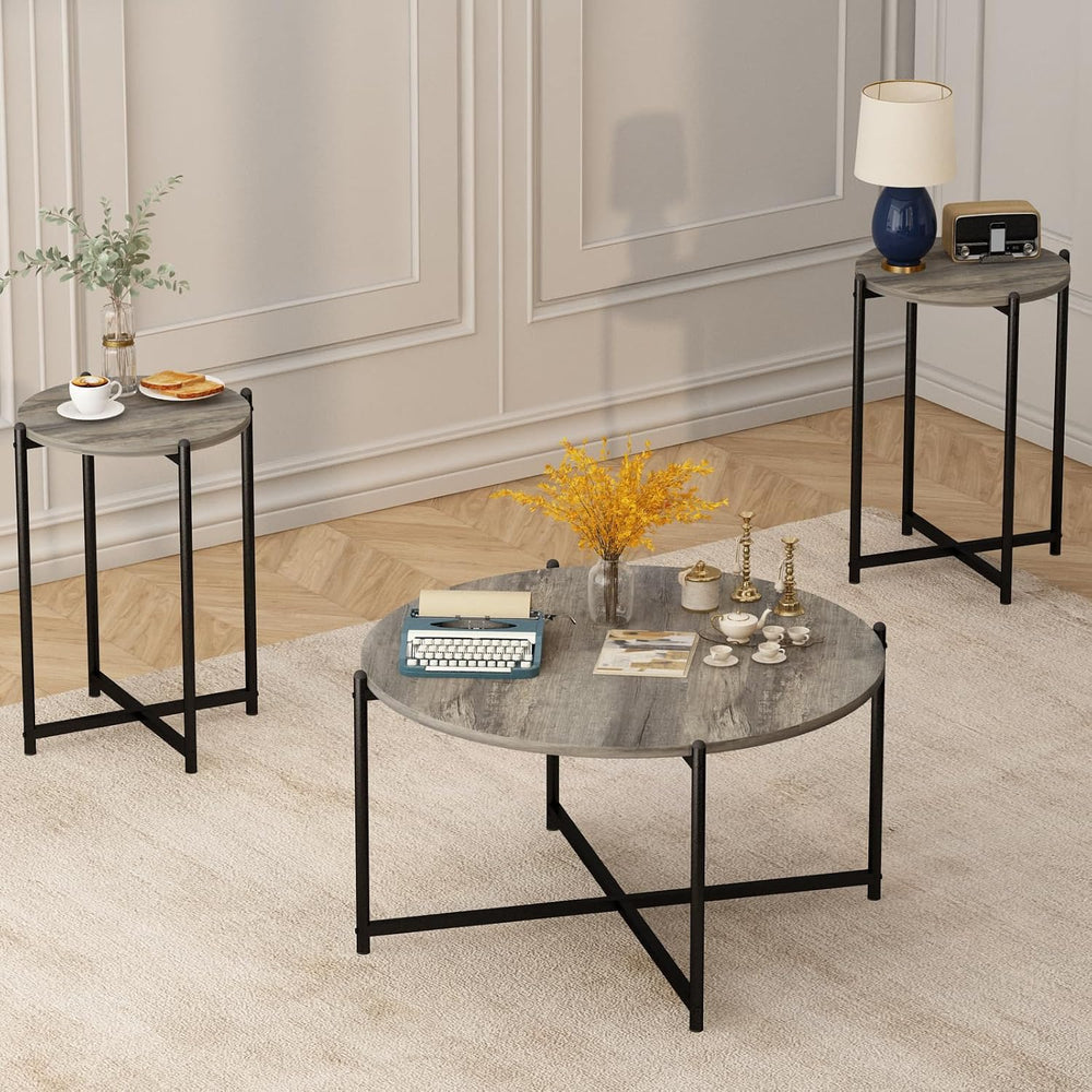 DKLGG Round Coffee Table Set of 3, Farmhouse Wooden Coffee Table and 2 End Ta...