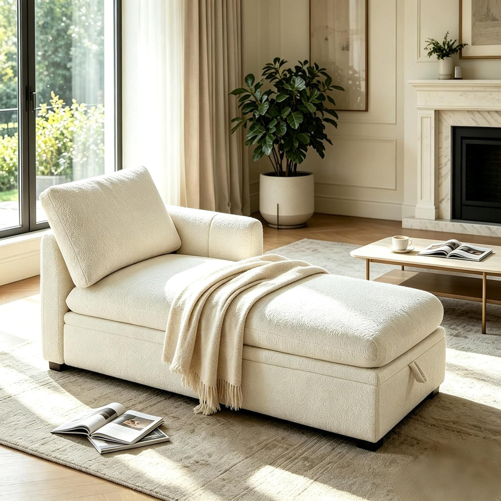 VANOMi Oversized 70.47'' Chaise Lounge Chair with Storage, Boucle Whi...