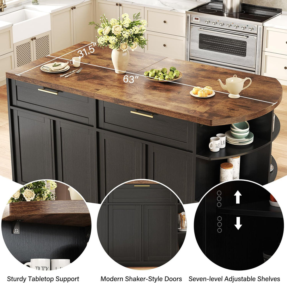HSH 63 Inch Large Kitchen Island with Storage and Seating, Rustic Brown | Sta...