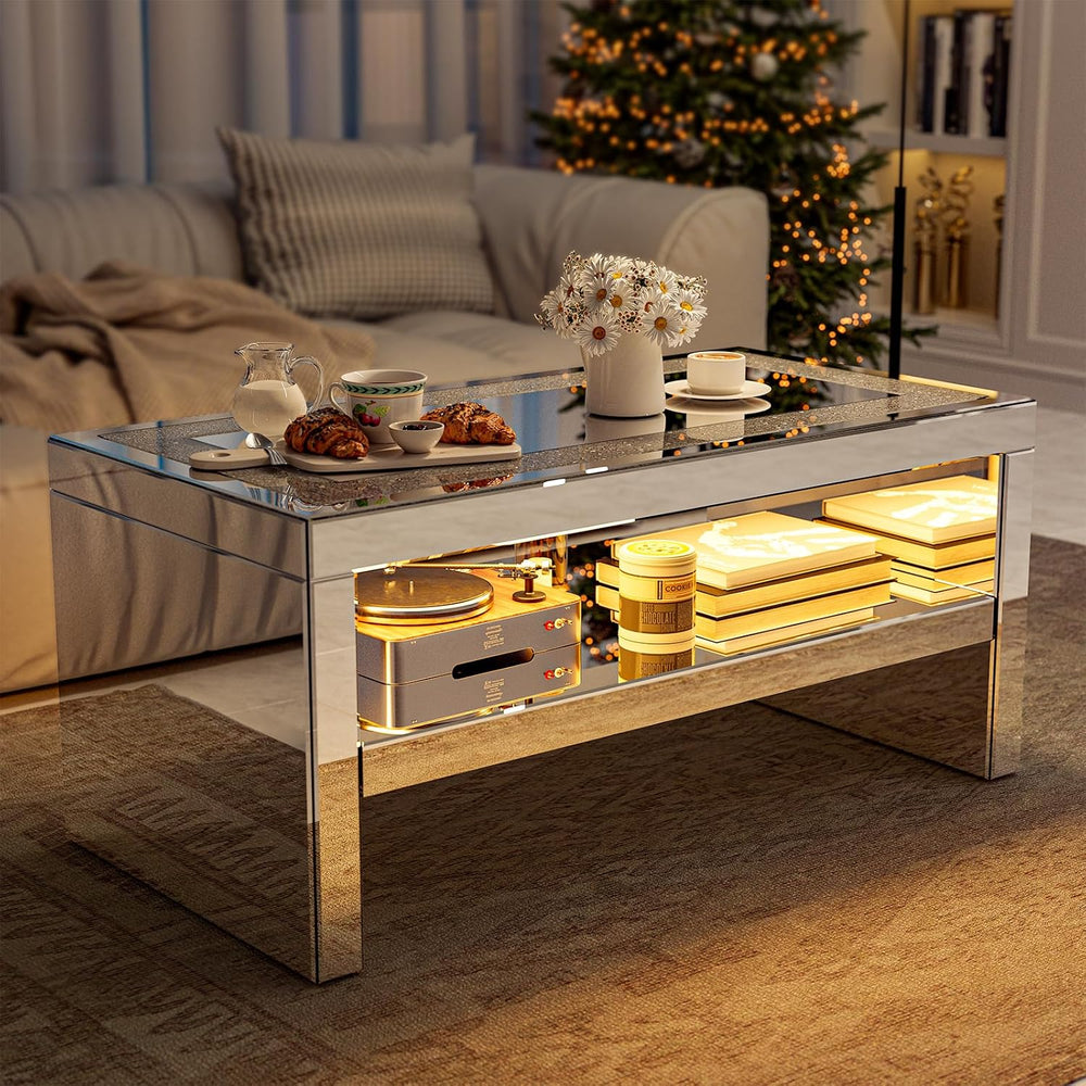 IKIFLY Mirrored Coffee Table with Mirror Crystal Board, Glass Rectangle End T...