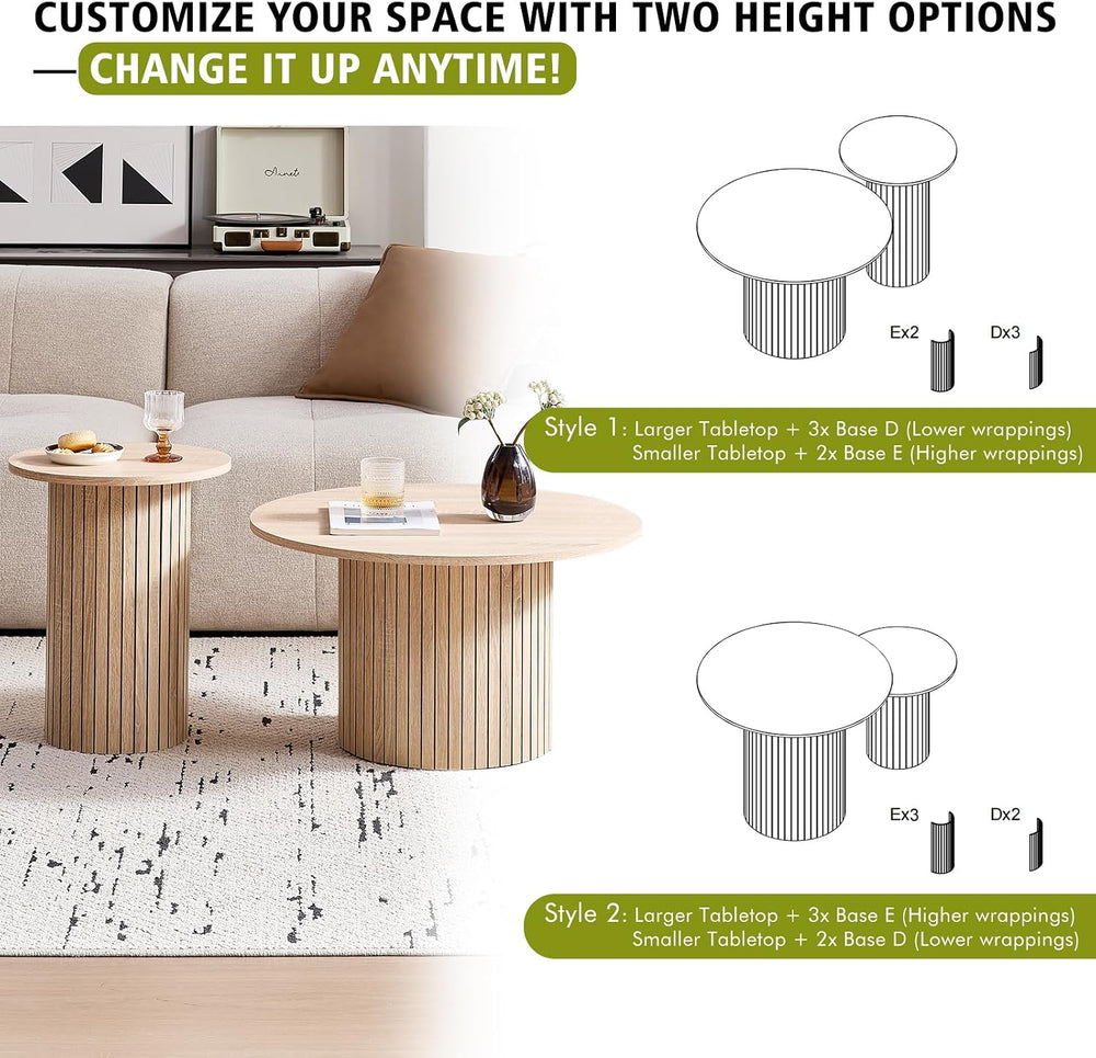 Round Nesting Coffee Tables Set of 2, Mid Century Modern Small Wood Side Tabl...