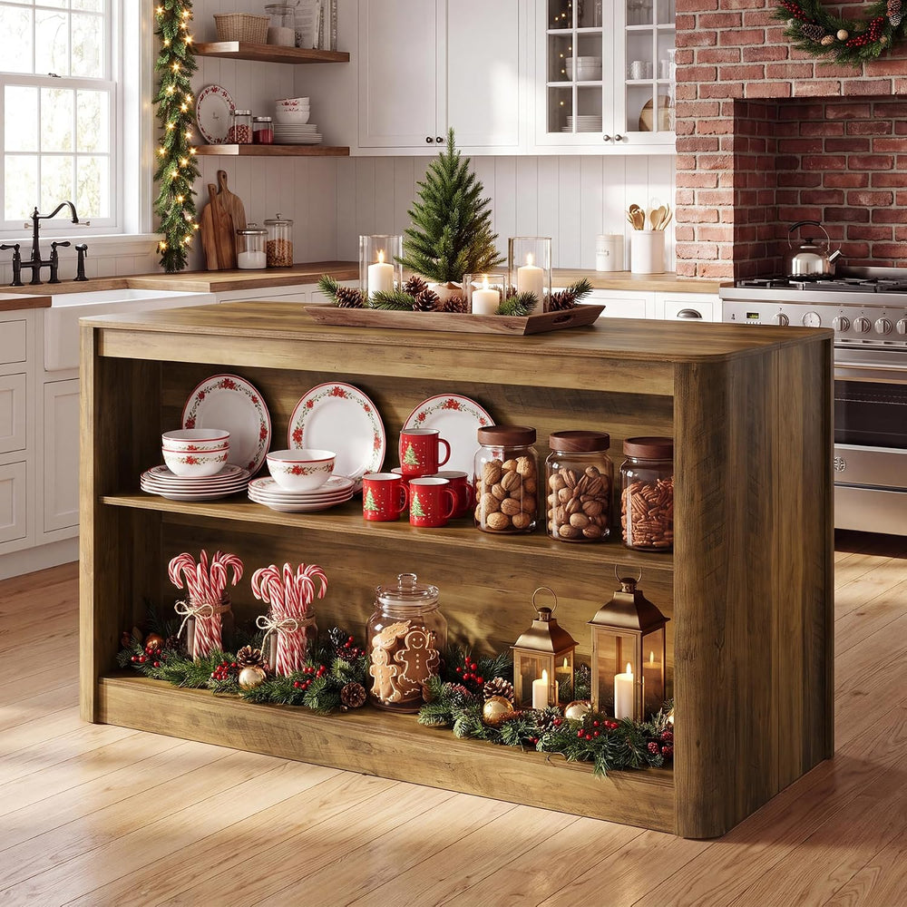 Tribesigns 59.1 Inch Kitchen Island with Open Storage | 3-Tier Rustic Wooden ...