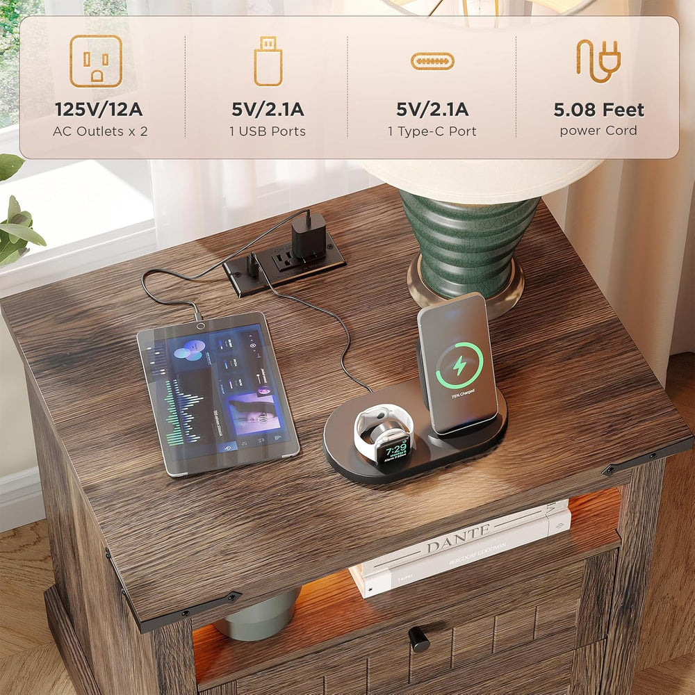 Vabches Nightstand with Charging Station and LED Lights, Vintage End Table wi...