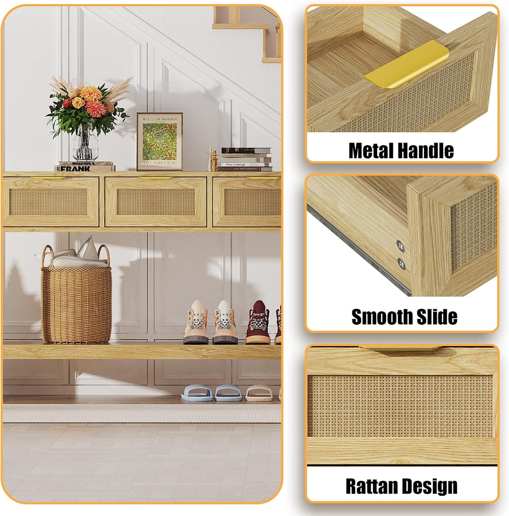 Entryway Table, Rattan Console Table with 3 Storage Drawers and Storage Shelf...