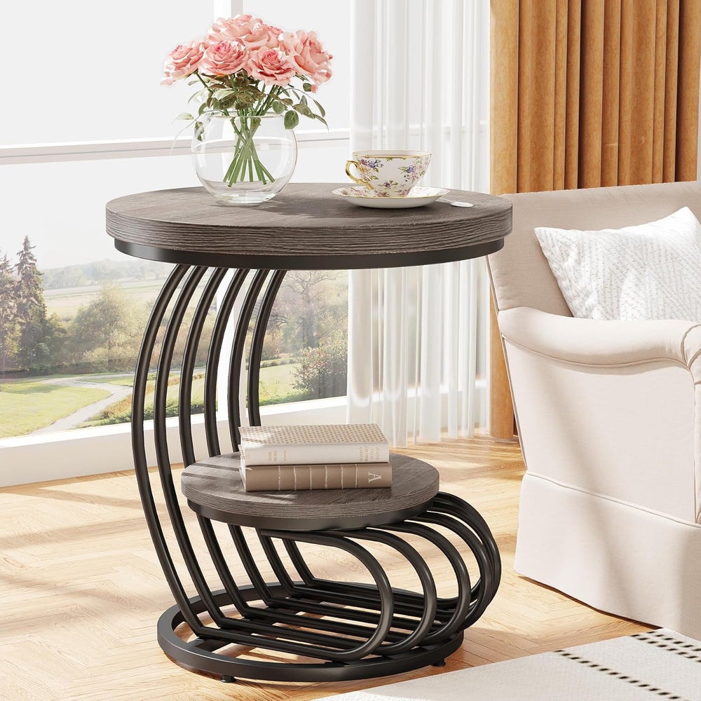 Tribesigns Round End Table: 2 Tiers Wood Side Table Set of 2 with Storage She...