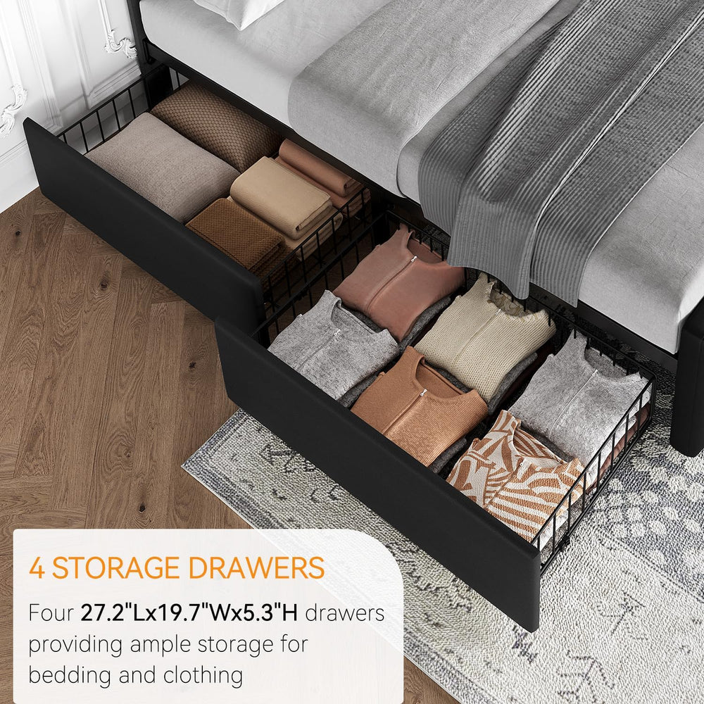 IDEALHOUSE Queen Size Bed Frame with 4 Storage Drawers and Headboard, Black