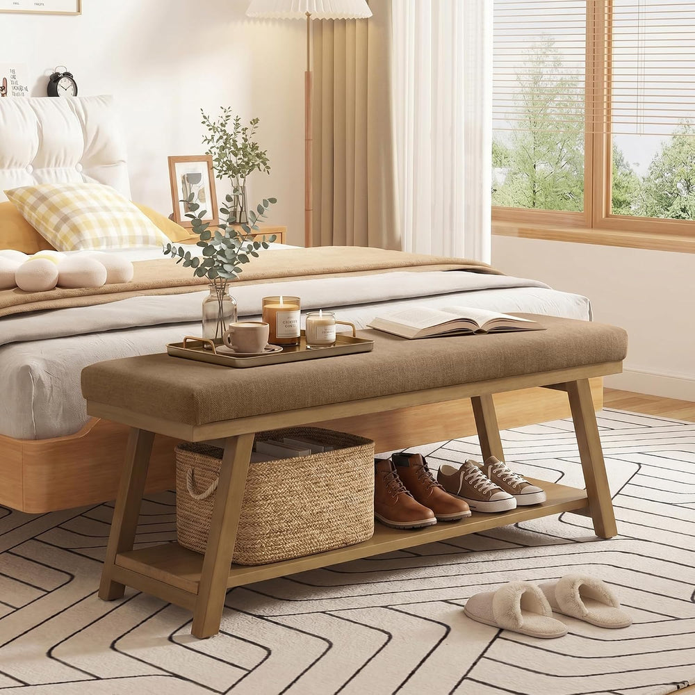 Zihanhome 45" Entryway Bench Upholstered Storage Bench for Bedroom(Brown...
