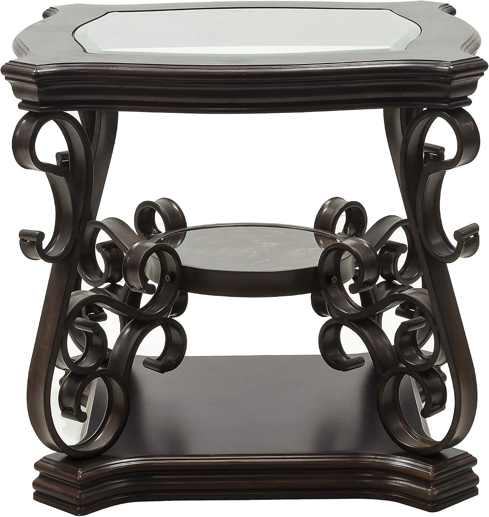 End Table with Glass Table Top, Cocktail Table with MDF and Marble Paper Midd...