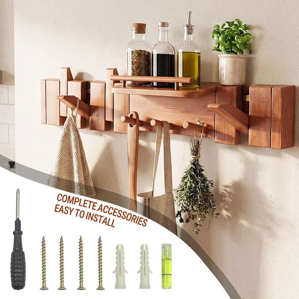 Mid Century Modern Wood Coat Rack Wall Mount with Shelf, 7 Hooks, Walnut