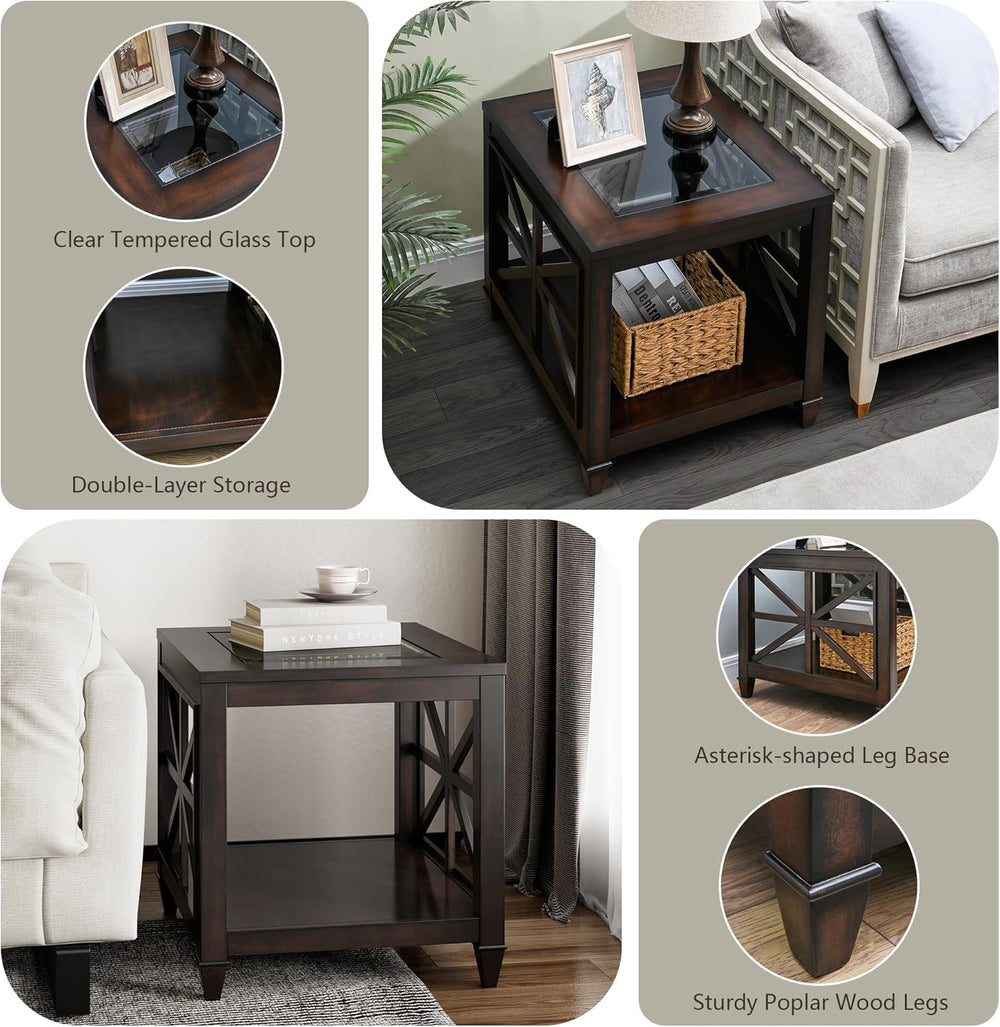 2-Tier Solid Wood End Table with Tempered Glass, Square Wooden Sofa Side Tabl...