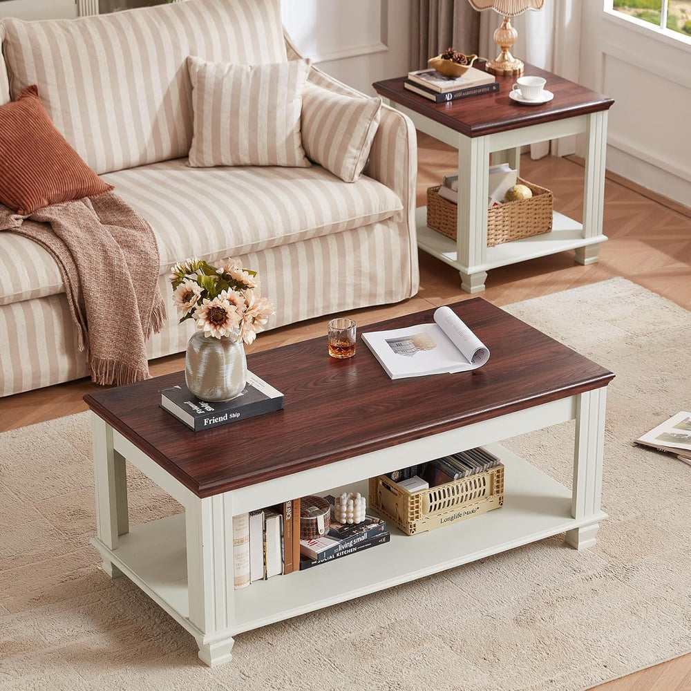 SAVOR LIFE Farmhouse TV Stand and Coffee Table Set 4 Piece, White | Living Ro...