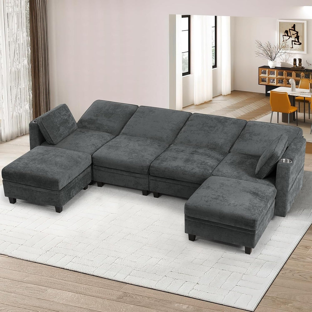 110" Chenille U-Shape Sofa w/& Adjustable Backrests, Grey | Upholste...