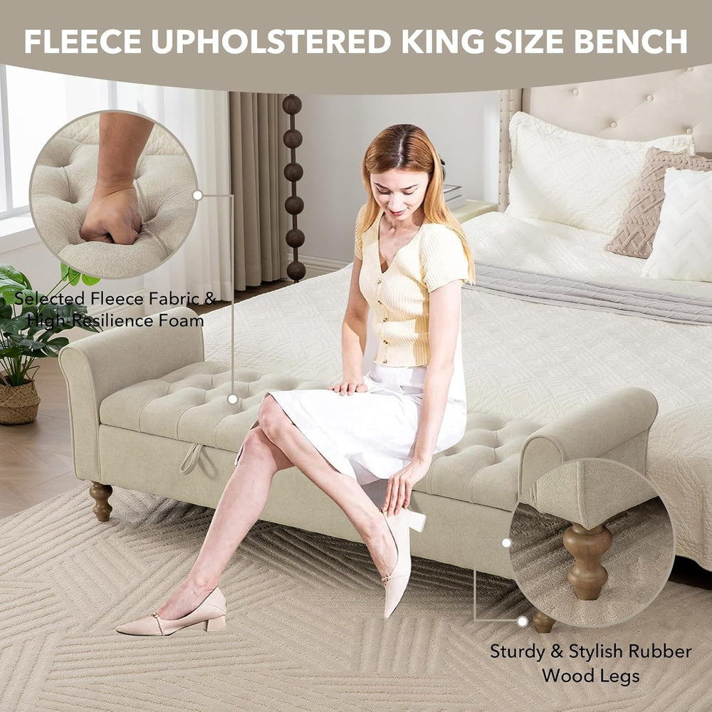 65" Oversize Storage Ottoman Bench, Fleece Upholstered End of Bed Benche...