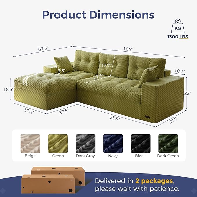 MAXYOYO 104" L Shaped Modular Sectional Sofa with Ottoman, Cloud Couch w...