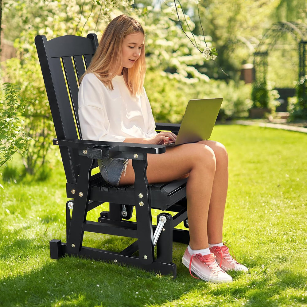 VINGLI Outdoor Glider Chair Wood Patio Glider with Cup Holder, Porch Glider w...