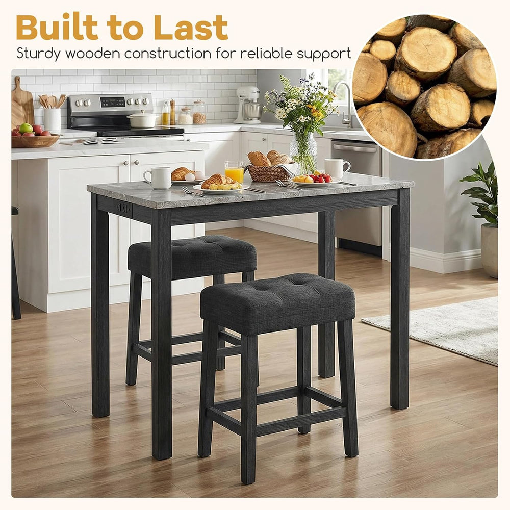 COSTWAY 3-Piece Wooden Bar Table Set with Charging Station | Modern Counter H...