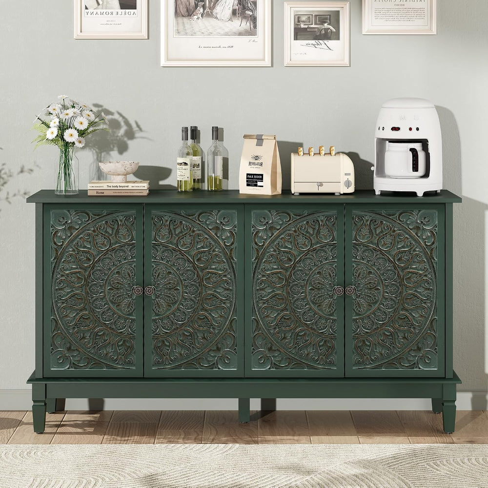59" Solid Wood Buffet Cabinet, Accent Cabinet, 4 Carved Doors