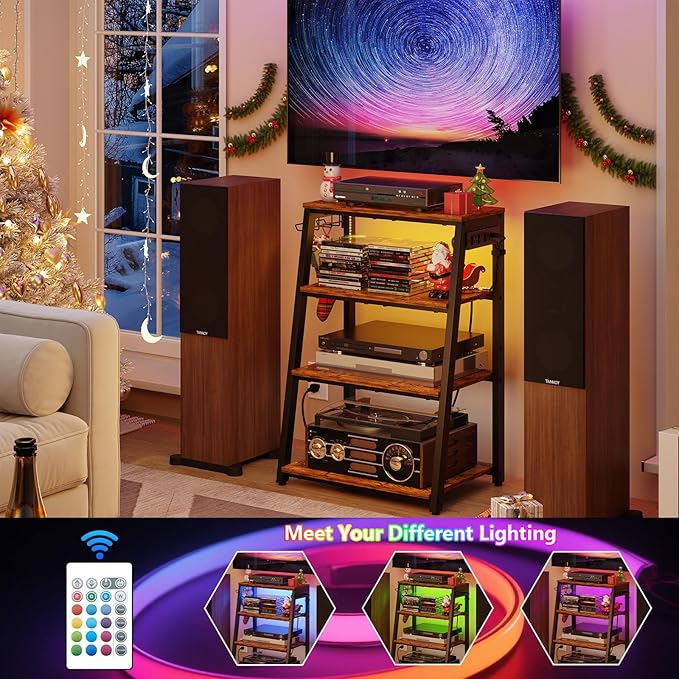 4-Tier AV Media Stand with Power Strips, Heavy Duty Stereo Cabinet Stand with...