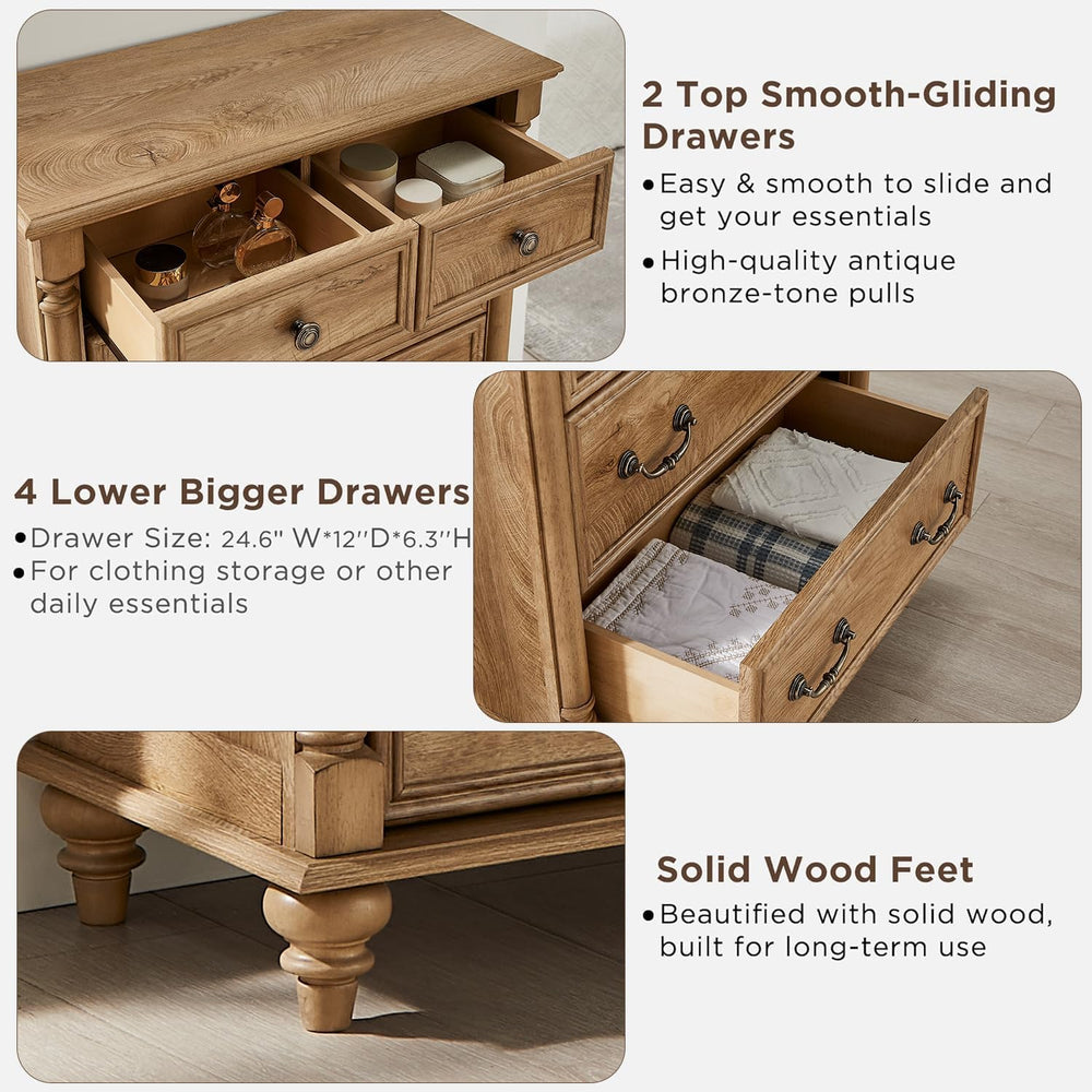 T4TREAM Farmhouse 6-Drawer Dresser with Solid Wood Feet, Light Tree Knot