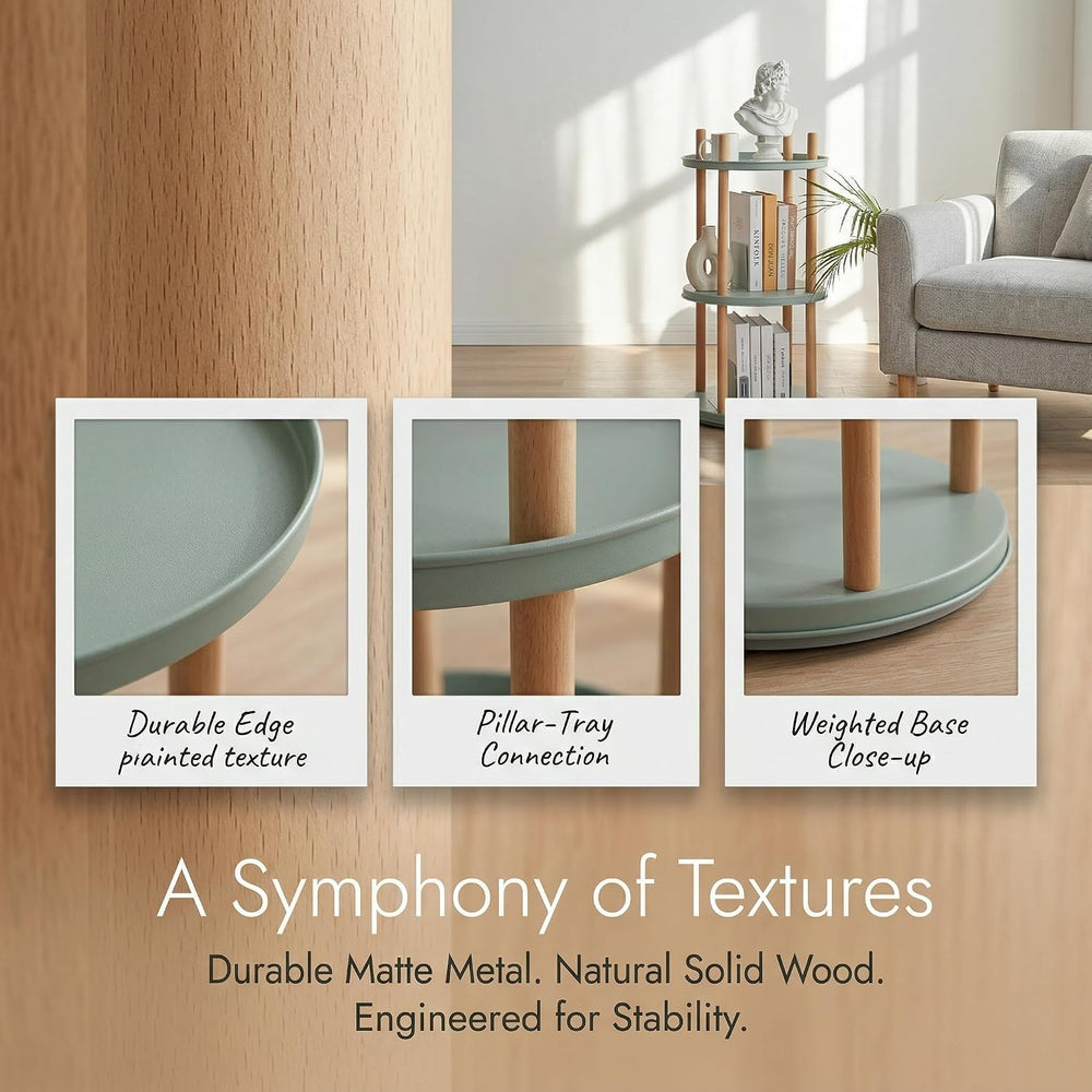 3-Tier Rotating Side Table, Round End Table with Storage Basket & Bookend...