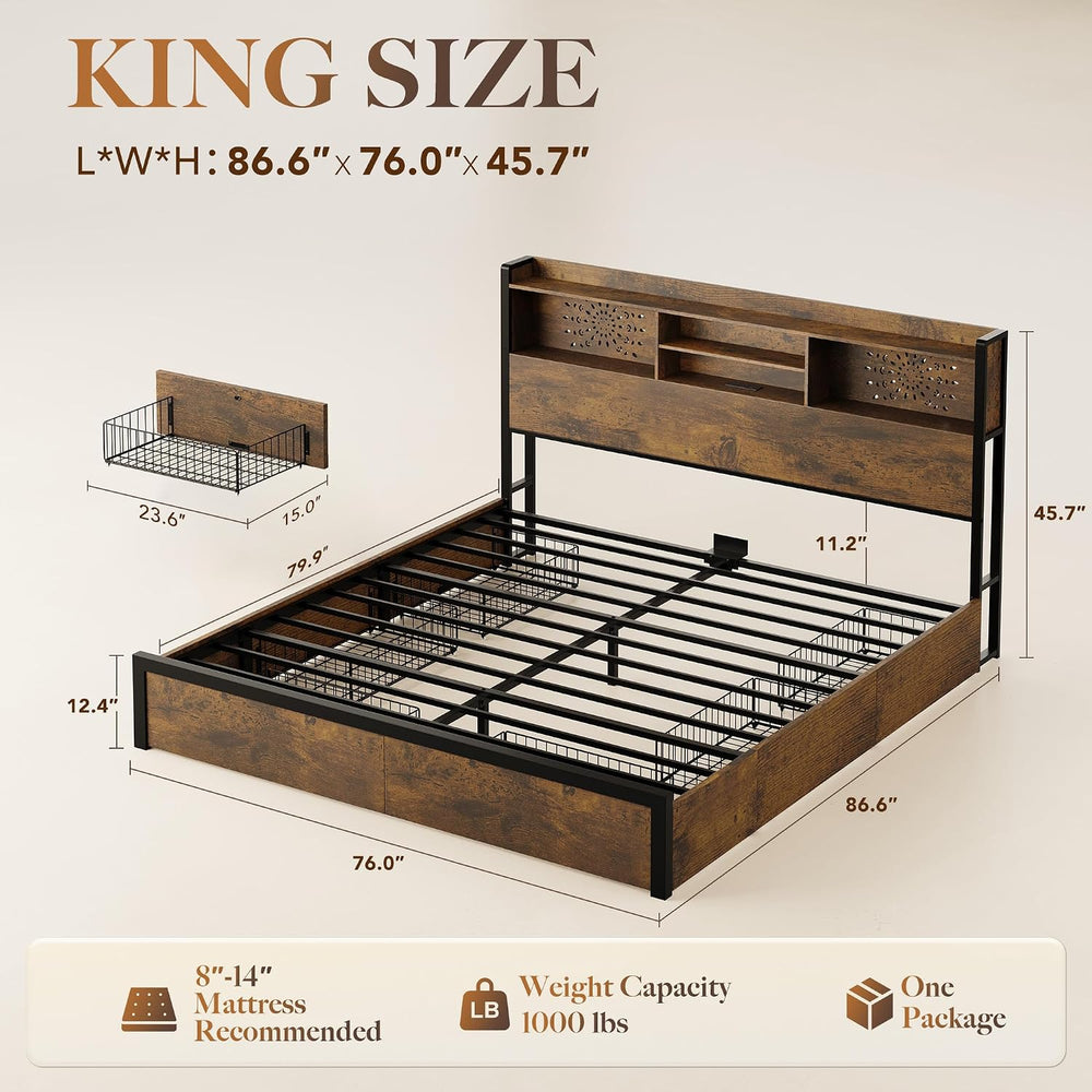 Belffin King Size Bed Frame with 6 Storage Drawers and Carving Headboard
