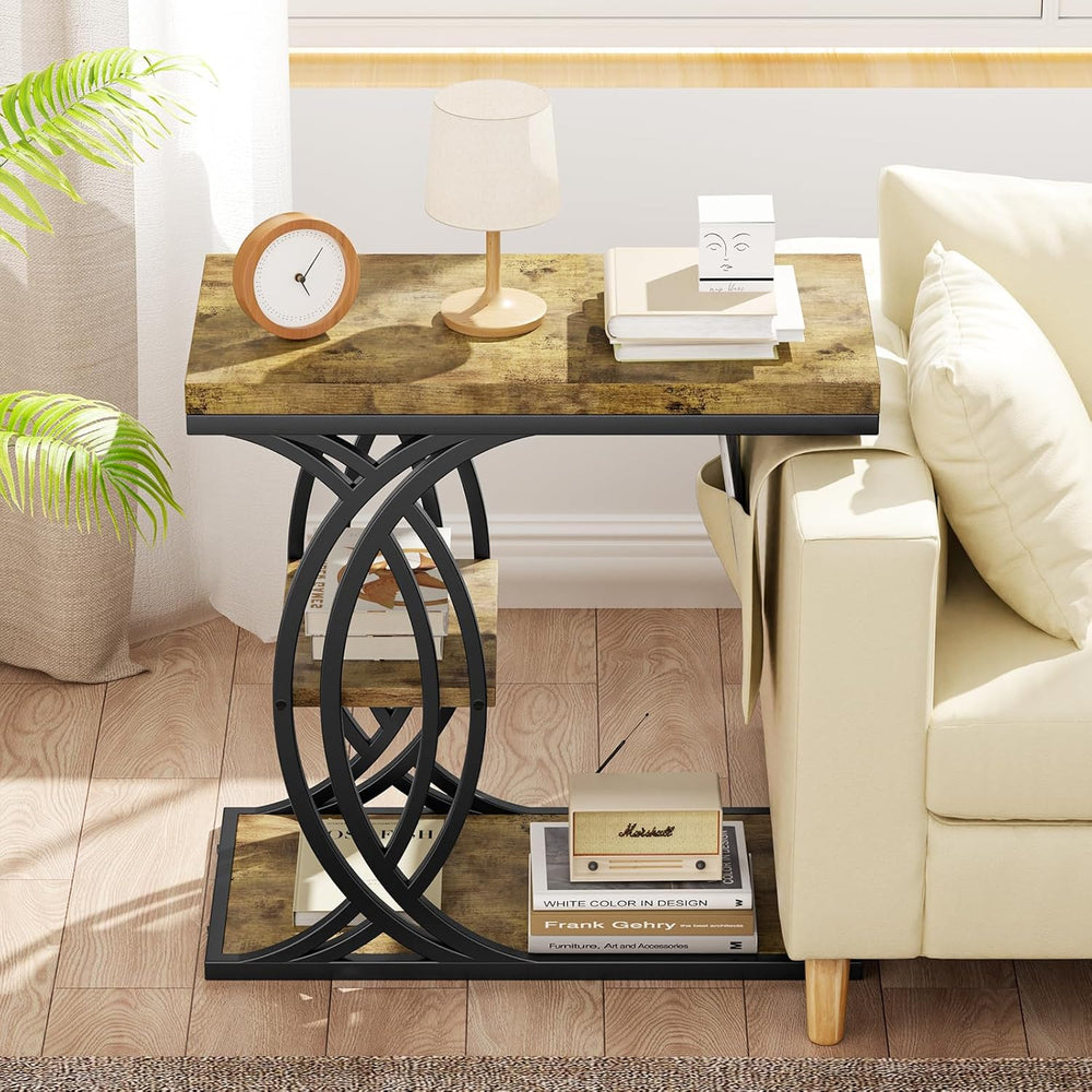 C Shaped End Table, Bed Side Table, 3-Tier Side Table with Metal Frame, Wood ...