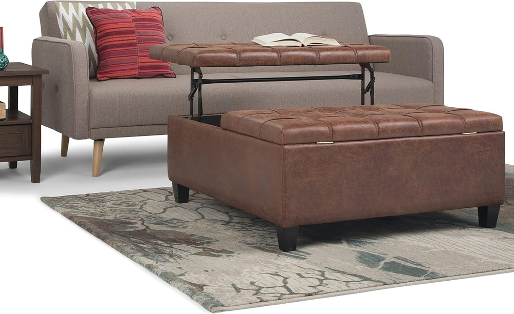 SIMPLIHOME Harrison 36" Wide Vegan Leather Lift Top Ottoman in Saddle Br...