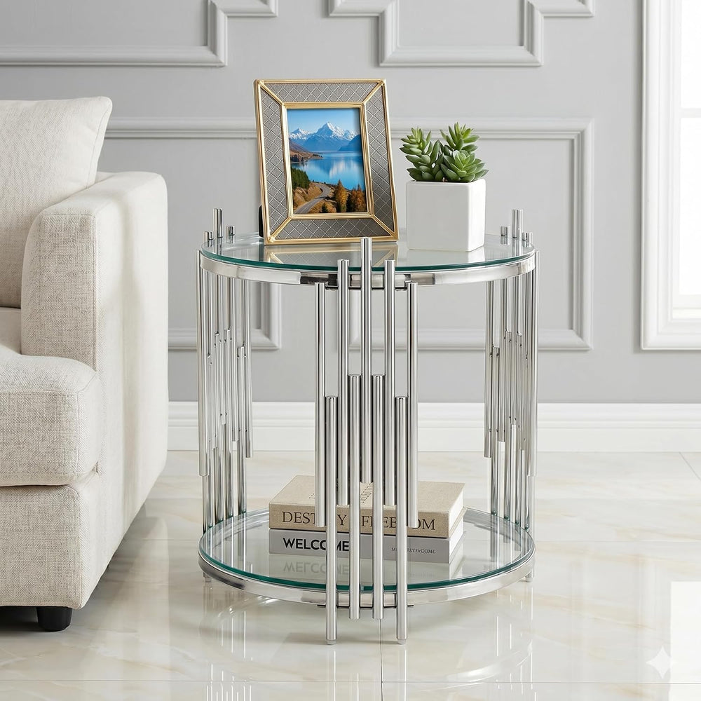 SSLine Round Glass Side Table with Silver Stainless Steel Frame Luxury Circle...