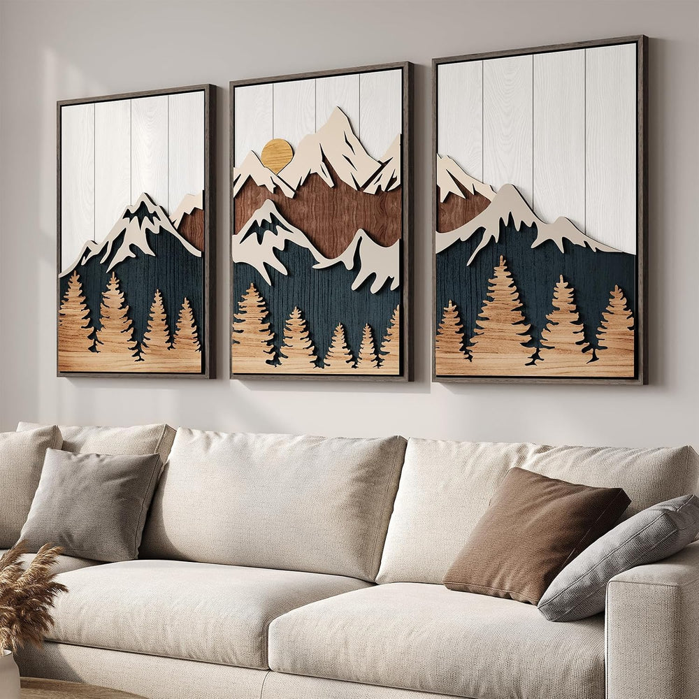 Large Framed 3D Wood Mountain Wall Art Decor for Living Room, 24x36 Inch