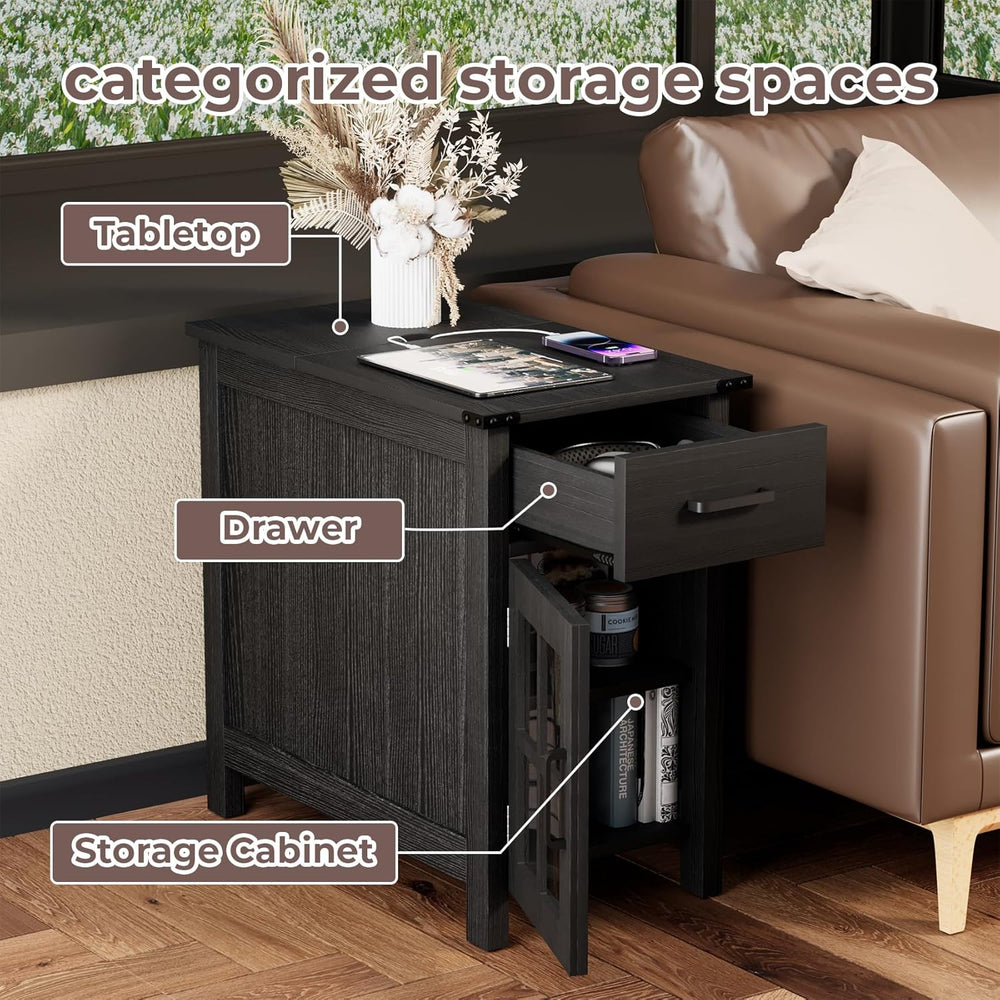 Farmhouse End Table with Charging Station, Narrow Side Table for Living Room,...