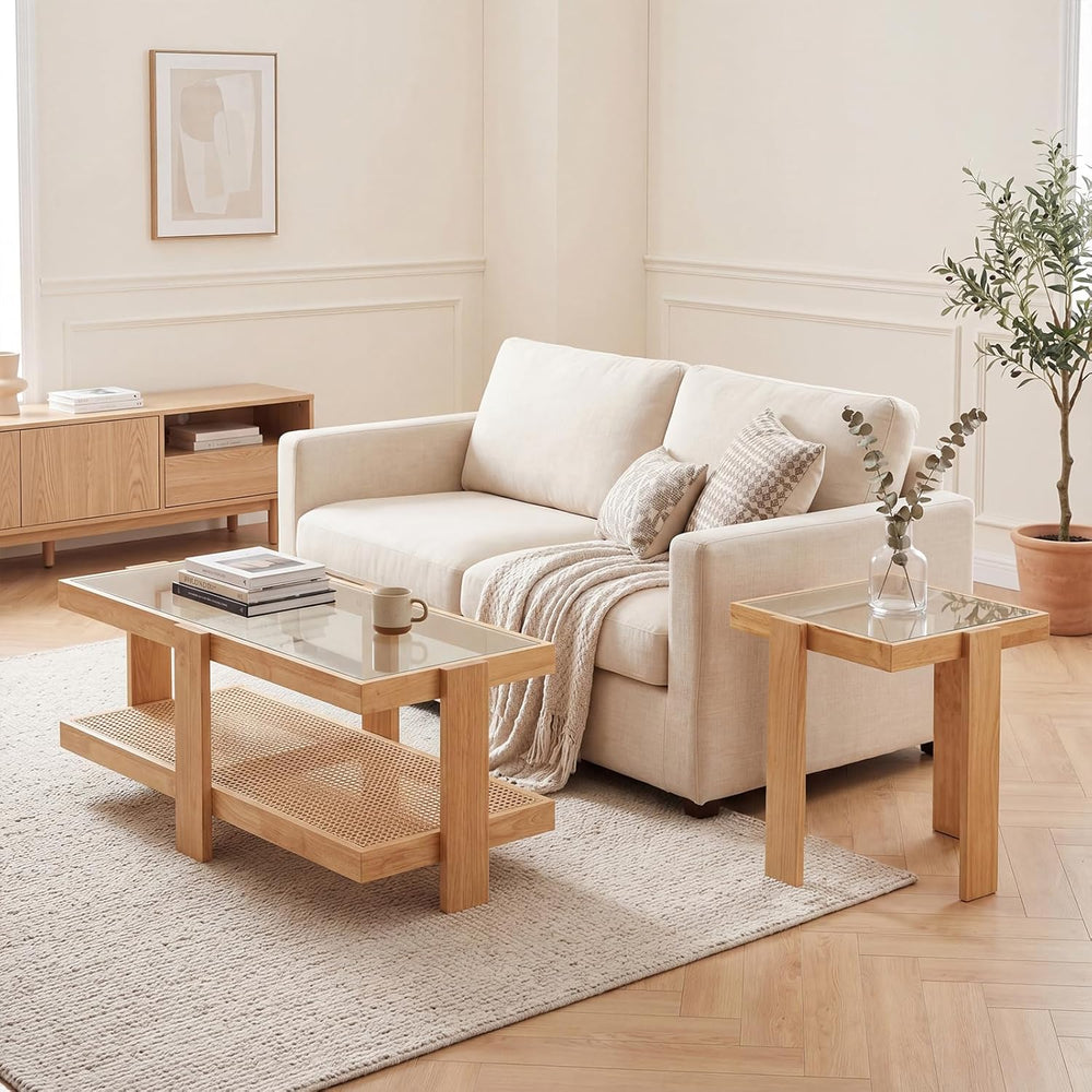Giantex Nesting Coffee Table Set of 2, Boho Rattan Accent Table with Tempered...