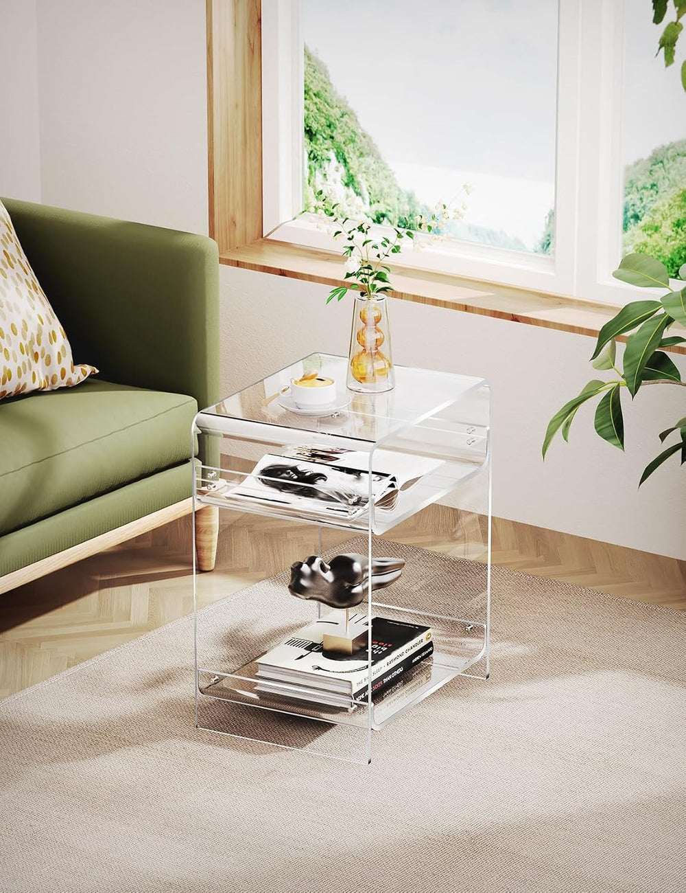 Acrylic End Table Record Player Table with Storage Shelf Clear Side Table Nig...